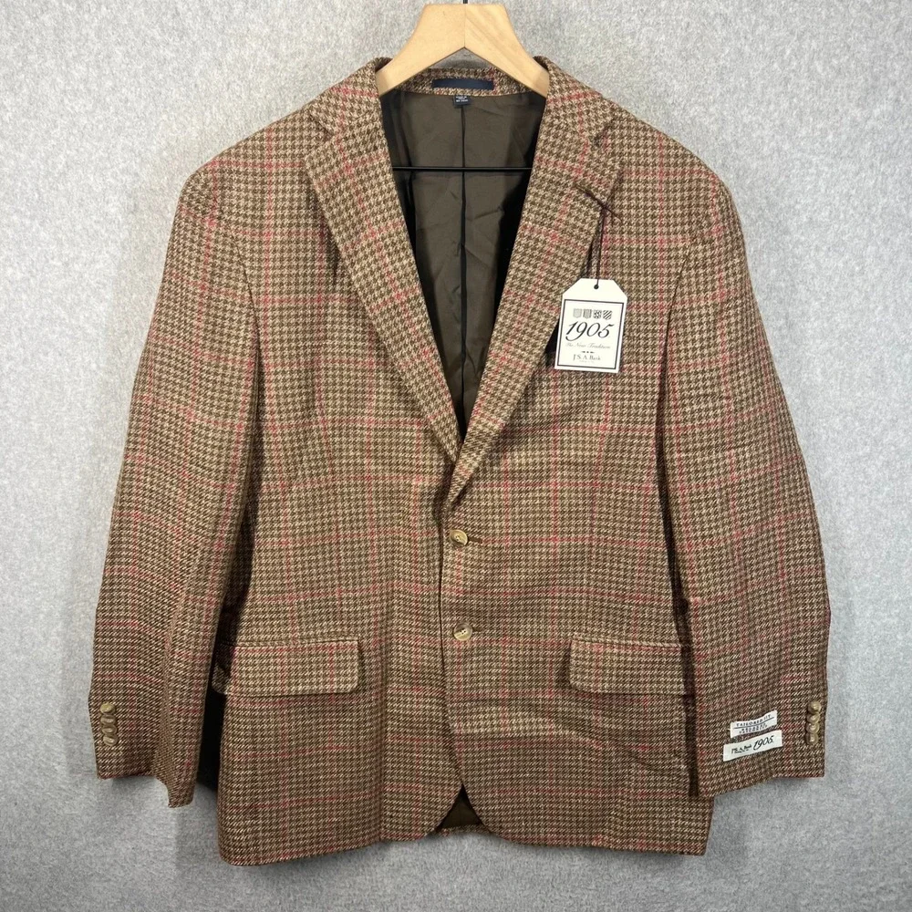Jos. A. Bank 1905 Sport Coat Mens 42R Brown Plaid Linen Wool Blend Tailored NWT